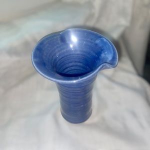 Handmade Signed Blue Ceramic Glazed Wavy Top Vase 7” Vintage MCM Art Pottery